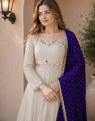 violet&beige silk blend readymade anarkali suit with mirror & embroidery work 3