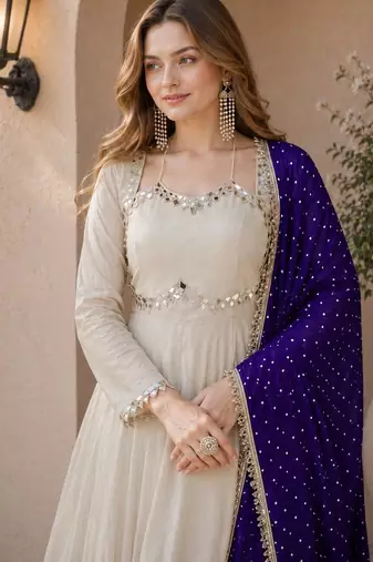 violet&beige silk blend readymade anarkali suit with mirror & embroidery work