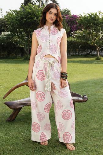 Off white printed cotton trouser