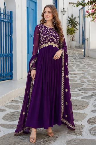 violet faux georgette readymade anarkali suit with Sequin & embroidery work
