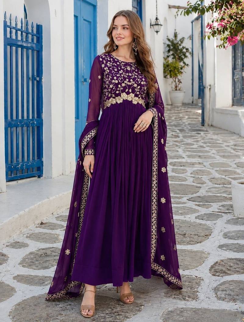 violet faux georgette readymade anarkali suit with Sequin & embroidery work