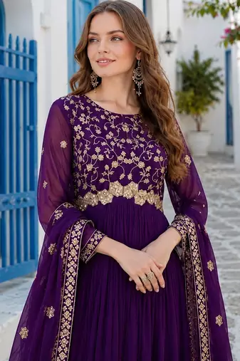violet faux georgette readymade anarkali suit with Sequin & embroidery work