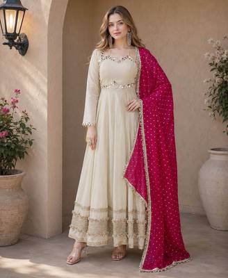 pink&beige silk blend readymade anarkali suit with mirror & embroidery work 1