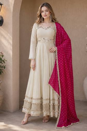 pink&beige silk blend readymade anarkali suit with mirror & embroidery work