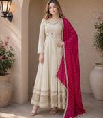 pink&beige silk blend readymade anarkali suit with mirror & embroidery work