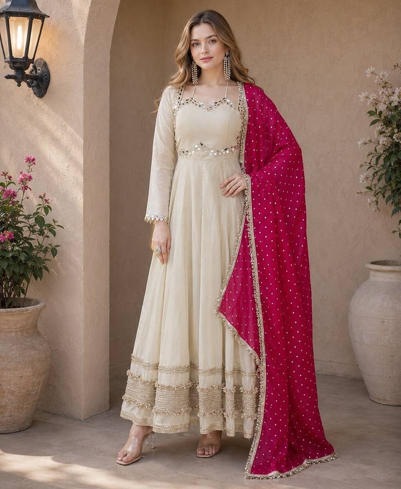 pink&beige silk blend readymade anarkali suit with mirror & embroidery work