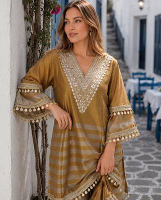 mustard&grey tissue readymade suit with mirror & embroidery work 2