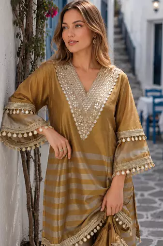 mustard&grey tissue readymade suit with mirror & embroidery work