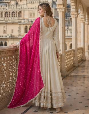 pink&beige silk blend readymade anarkali suit with mirror & embroidery work 2