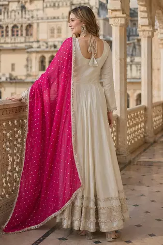 pink&beige silk blend readymade anarkali suit with mirror & embroidery work