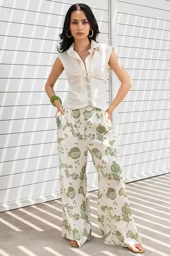White printed cotton wide leg trouser