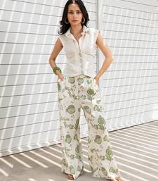 White printed cotton wide leg trouser