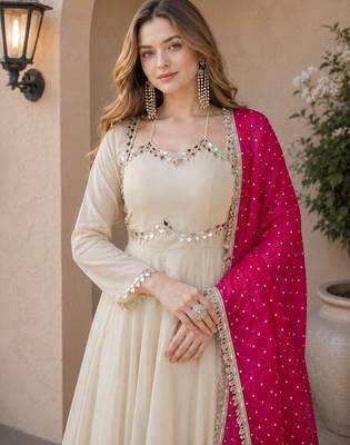 pink&beige silk blend readymade anarkali suit with mirror & embroidery work 3