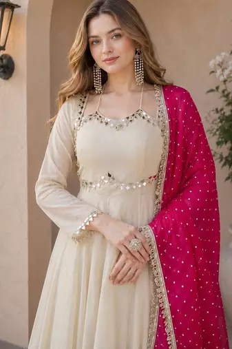 pink&beige silk blend readymade anarkali suit with mirror & embroidery work
