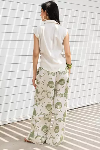 White printed cotton wide leg trouser