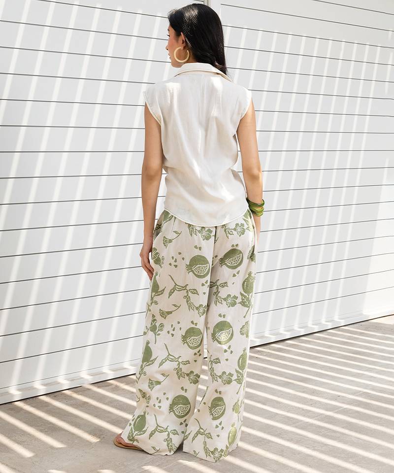 White printed cotton wide leg trouser