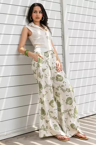 White printed cotton wide leg trouser