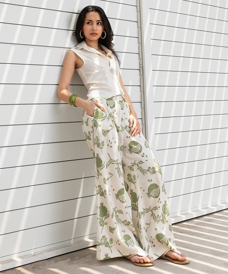 White printed cotton wide leg trouser