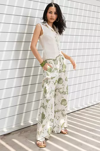 White printed cotton wide leg trouser