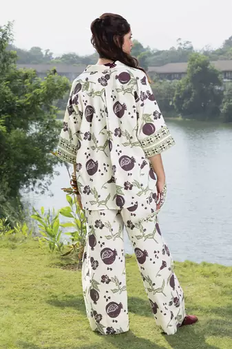White burgandy printed cotton trouser