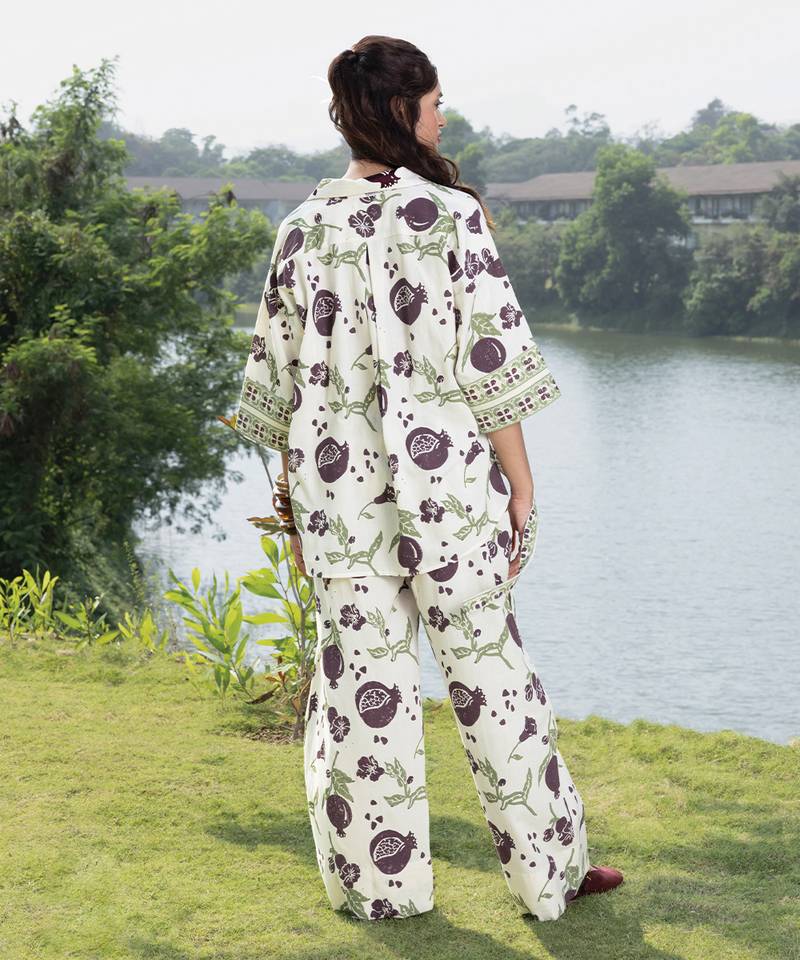 White burgandy printed cotton trouser