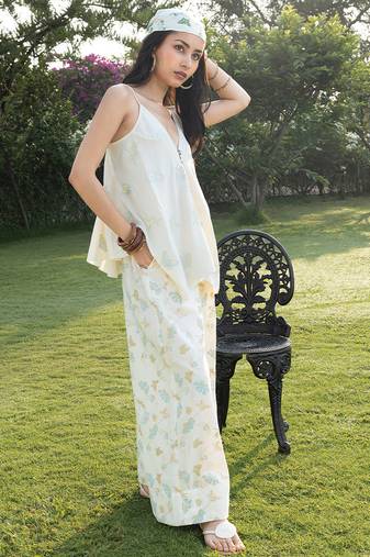 Cream white printed cotton trouser