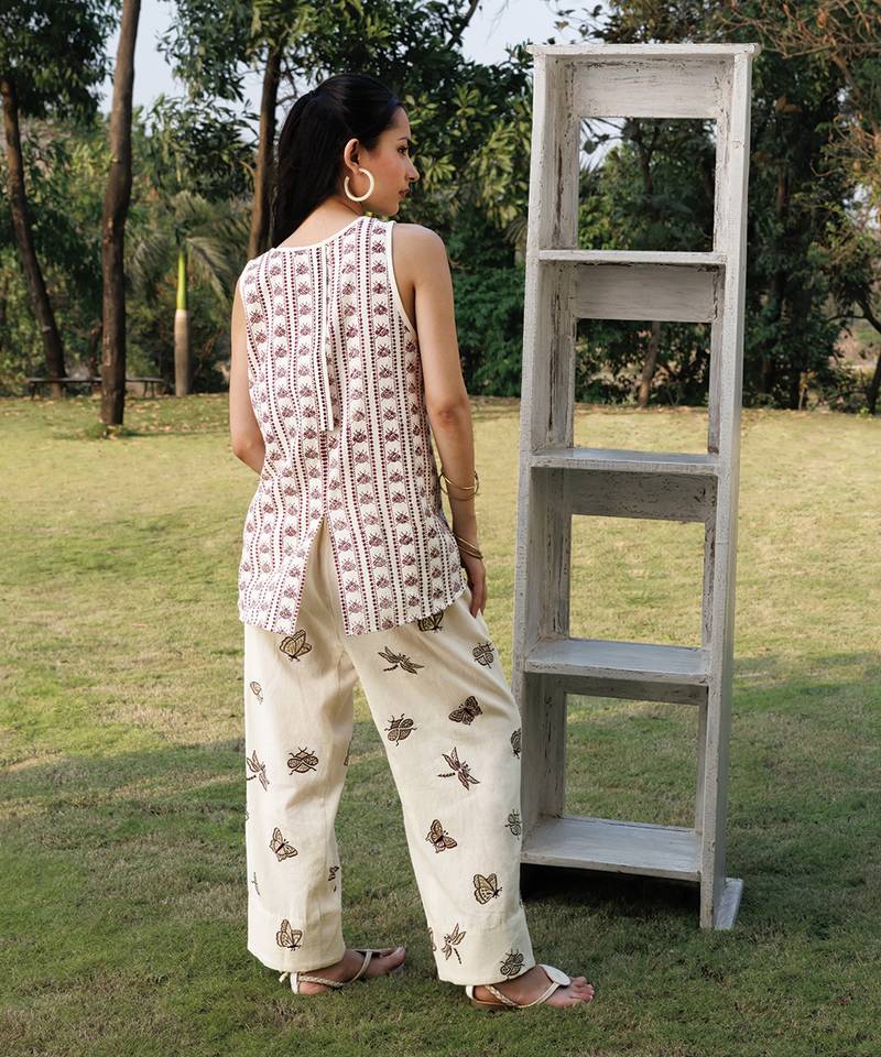 Cream butterfly printed cotton trouser