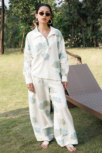 Cream floral printed cotton trouser