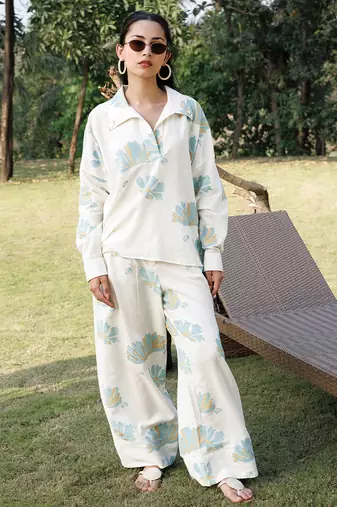 Cream floral printed cotton trouser