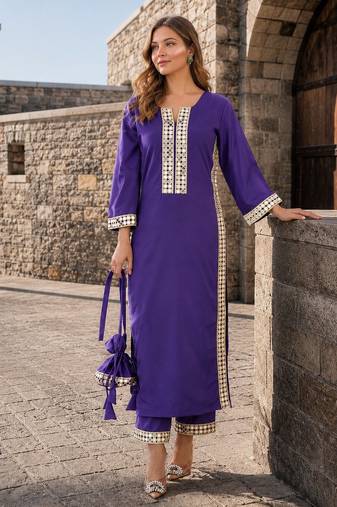 violet crepe readymade suit with real mirror & embroidery work