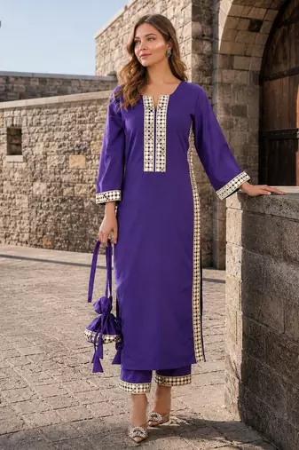 violet crepe readymade suit with real mirror & embroidery work