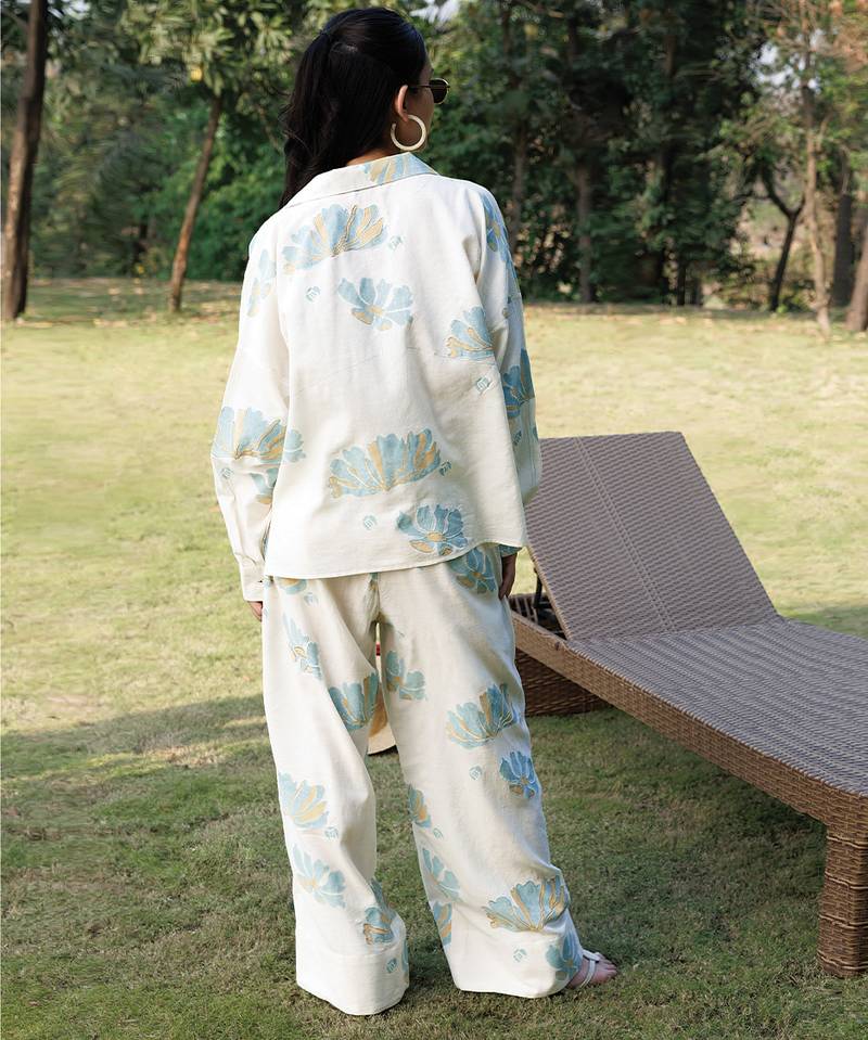 Cream floral printed cotton trouser
