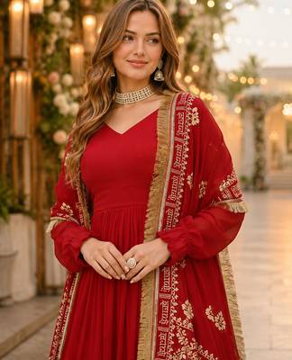 maroon faux georgette readymade anarkali suit with embroidery & zari work 2