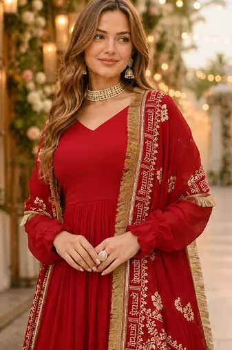 maroon faux georgette readymade anarkali suit with embroidery & zari work