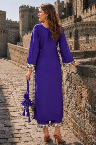 violet crepe readymade suit with real mirror & embroidery work