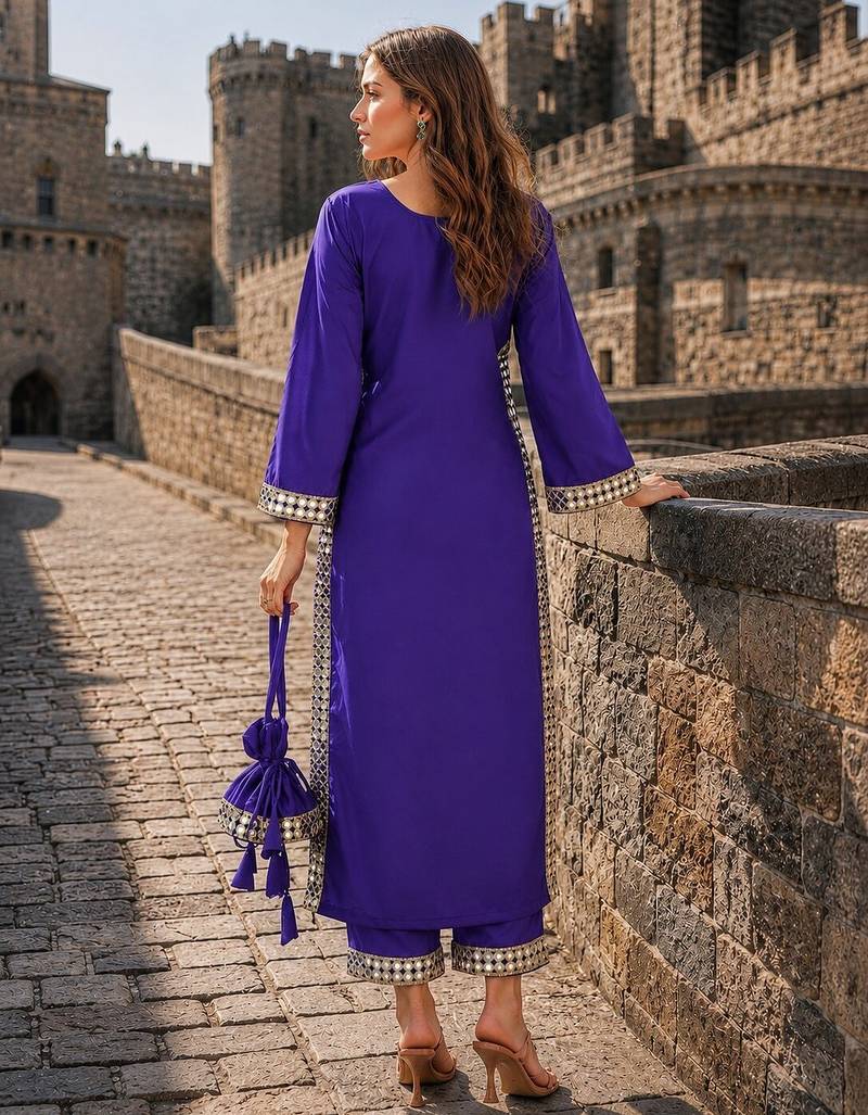 violet crepe readymade suit with real mirror & embroidery work