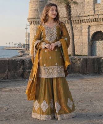 mehendi chiffon readymade suit with real mirror & embroidery work 1