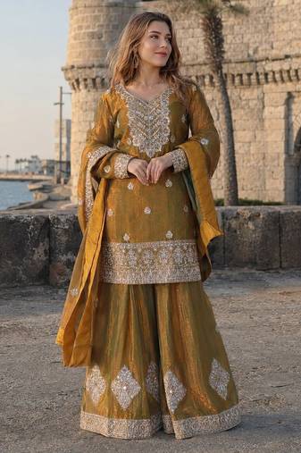 mehendi chiffon readymade suit with real mirror & embroidery work