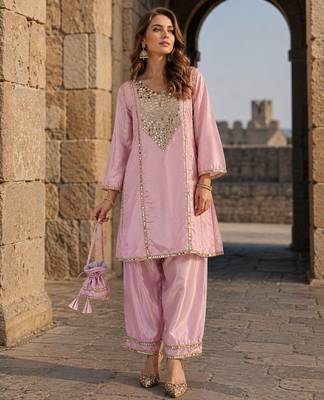 lavender silk blend readymade suit with real mirror & embroidery work 1