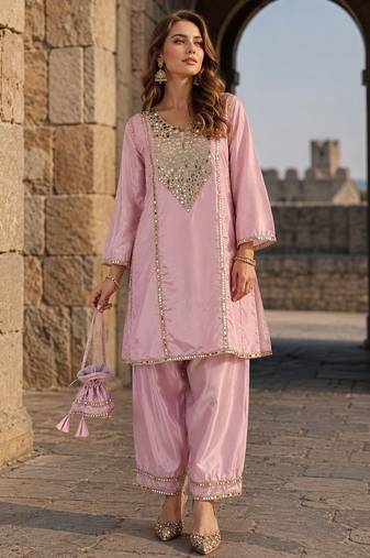 lavender silk blend readymade suit with real mirror & embroidery work