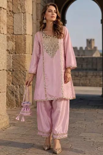 lavender silk blend readymade suit with real mirror & embroidery work