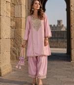 lavender silk blend readymade suit with real mirror & embroidery work