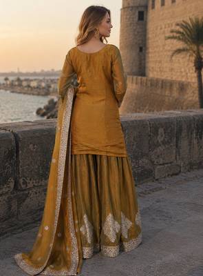 mehendi chiffon readymade suit with real mirror & embroidery work 2