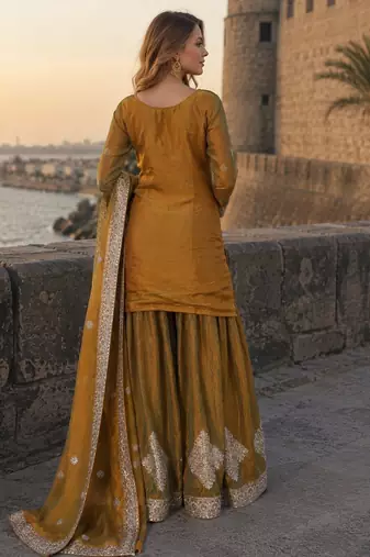 mehendi chiffon readymade suit with real mirror & embroidery work