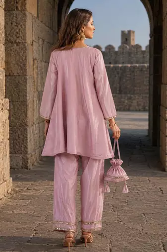 lavender silk blend readymade suit with real mirror & embroidery work