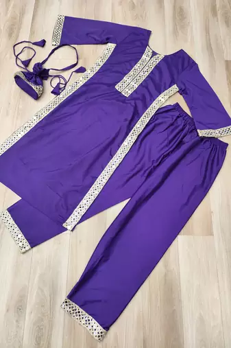 violet crepe readymade suit with real mirror & embroidery work