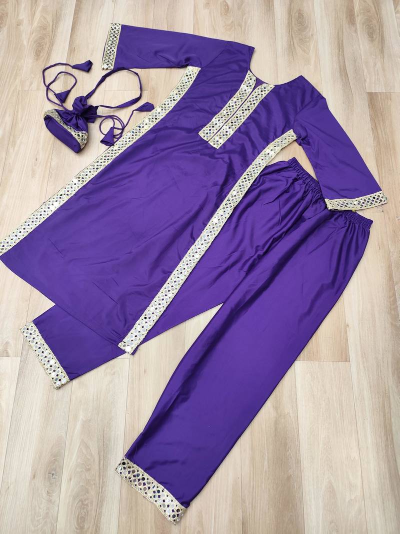 violet crepe readymade suit with real mirror & embroidery work