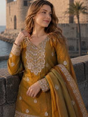 mehendi chiffon readymade suit with real mirror & embroidery work 3