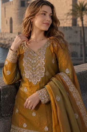mehendi chiffon readymade suit with real mirror & embroidery work