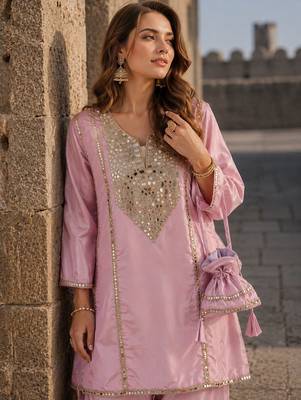 lavender silk blend readymade suit with real mirror & embroidery work 3